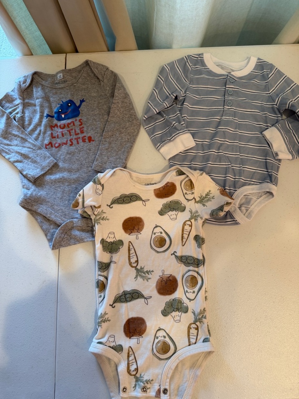 Baby Bodysuit Bundle - Gray Monster, Blue Stripe, Veggie Print